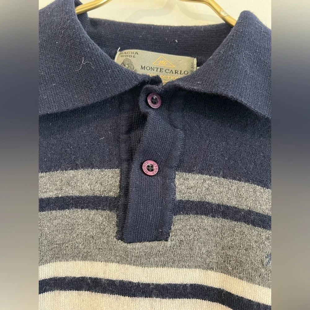 Monte Carlo striped sweater 1/4 button 100 % MAGNA WOOL collar Sz 40 12/14Years